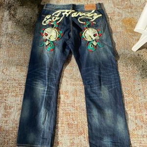 Mens Vintage Ed Hardy Embroidered Jeans Sz 38x32 Skulls / Snakes